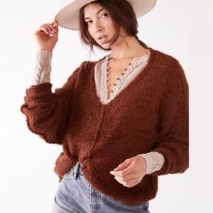 Free People Cozy Brown V-Neck Sweater with Fluffy Texture
